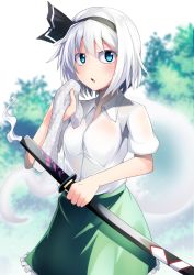 Rule 34 | 1girl, arm up, ashiroku (miracle hinacle), blue eyes, blurry, blurry background, bob cut, commentary, cowboy shot, day, green skirt, hair between eyes, hair ribbon, highres, holding, holding sword, holding towel, holding weapon, konpaku youmu, konpaku youmu (ghost), looking at viewer, no vest, open mouth, outdoors, ribbon, scabbard, sheath, sheathed, shirt, short hair, short sleeves, silver hair, skirt, sky, solo, standing, sweat, sword, touhou, towel, tree, weapon, wet, wet clothes, wet shirt, white sky