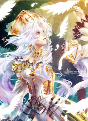 Rule 34 | armor, brown eyes, character request, earrings, feathers, jewelry, le ciel bleu, lots of jewelry, silver hair, solo, stells, wings