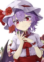 Rule 34 | 1girl, akisome hatsuka, ascot, bat wings, closed mouth, commentary request, hat, looking at viewer, mob cap, purple hair, red ascot, red eyes, red nails, red ribbon, remilia scarlet, ribbon, short hair, short sleeves, simple background, smile, solo, touhou, upper body, white background, white hat, wings, wrist cuffs