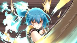 Rule 34 | 1girl, ahoge, blue hair, ole tower, short hair, short ponytail, side ponytail, skid-steer loader (ole tower), solo, speed lines, yellow eyes, yuto (dialique)