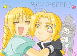 Rule 34 | 1boy, 1girl, = =, alphonse elric, armor, blonde hair, blush stickers, crossover, crying, edward elric, english text, excel, excel saga, fang, fingerless gloves, fullmetal alchemist, gloves, look-alike, menchi, parody, sparkle, streaming tears, sweatdrop, tears, yellow eyes
