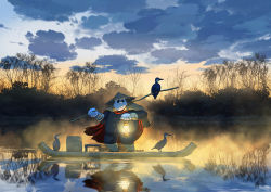 Rule 34 | artist name, bird, boat, cape, chinese clothes, cloud, cloudy sky, commentary, cormorant, english commentary, hat, highres, holding, lantern, light particles, mclelun, no humans, original, outdoors, panda, pants, red cape, reflection, rice hat, river, shirt, sky, solo, standing, stick, watercraft