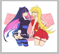 Rule 34 | 10s, 2girls, :q, bad id, bad pixiv id, blonde hair, long hair, multicolored hair, multiple girls, panties, panty &amp; stocking with garterbelt, panty (psg), panty pull, siblings, sisters, smile, soul4444, spot color, stocking (psg), striped clothes, striped legwear, striped thighhighs, thighhighs, tongue, tongue out, two-tone hair, underwear