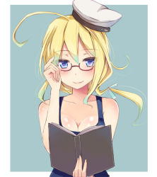 Rule 34 | 10s, 1girl, ahoge, blonde hair, book, breasts, glasses, hat, i-8 (kancolle), kantai collection, kay (utd), long hair, looking at viewer, medium breasts, personification, red-framed eyewear, school swimsuit, smile, solo, swimsuit, twintails