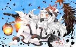 Rule 34 | 10s, 1girl, abyssal ship, ahoge, box, christmas, colored skin, dress, g (genesis1556), gift, gift box, hat, horns, kantai collection, long hair, looking at viewer, machinery, mittens, northern ocean princess, orange eyes, santa hat, solo, white dress, white hair, white mittens, white skin