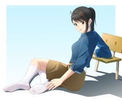 Rule 34 | 1girl, absurdres, arendelle, black hair, blue background, blue shirt, blush, border, breasts, brown eyes, brown shorts, chair, chinese commentary, collared shirt, commentary request, eyelashes, feet, full body, gradient background, hair ornament, hand on own foot, highres, iwato suzume, long hair, long sleeves, looking at viewer, medium breasts, no shoes, on ground, open mouth, ponytail, shadow, shirt, shorts, single sidelock, sitting, socks, soles, solo, suzume no tojimari, white border, white socks, x hair ornament