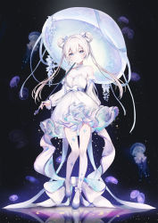 Rule 34 | 1girl, absurdres, ankle bow, ankle ribbon, bare shoulders, blue eyes, bow, choker, closed mouth, collarbone, commentary request, detached sleeves, double bun, dress, full body, hair bun, highres, holding, holding umbrella, jellyfish, leg ribbon, leg up, long hair, looking at viewer, original, reflection, reflective floor, ribbon, see-through, see-through sleeves, sleeve bow, solo, sparkle, umbrella, white choker, white dress, white hair, yuna (deadawon)