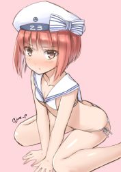 Rule 34 | 1girl, :i, :t, absurdres, all fours, ass, bikini, brown eyes, brown hair, clothes writing, commentary request, downpants, hat, highres, kantai collection, pink background, sailor bikini, sailor collar, sailor hat, short hair, simple background, sitting, solo, swimsuit, twitter username, wariza, white bikini, white hat, yuuki eishi, z3 max schultz (kancolle)