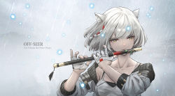 Rule 34 | 1girl, absurdres, animal ear fluff, animal ears, bare shoulders, breasts, camisole, cat ears, collarbone, crying, crying with eyes open, english text, fingerless gloves, flute, gloves, highres, holding, holding instrument, instrument, jacket, lu (pixiv20967832), medium breasts, mio (xenoblade), music, playing instrument, rain, short hair, solo, tears, upper body, water drop, white gloves, white jacket, xenoblade chronicles (series), xenoblade chronicles 3, yellow eyes