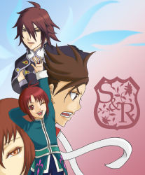 Rule 34 | 00s, 1girl, 3boys, ahoge, brown eyes, brown hair, capelet, elbow gloves, fenia, gloves, kratos aurion, lloyd irving, mao (tales), multiple boys, open mouth, red eyes, red hair, short hair, tales of (series), tales of rebirth, tales of symphonia, wings, wink