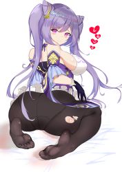 Rule 34 | 1girl, absurdres, artist request, ass, bare shoulders, blush, breasts, dress, from behind, genshin impact, hair ornament, hairpin, highres, huge ass, keqing (genshin impact), large breasts, long hair, looking at viewer, looking back, panties, panties under pantyhose, pantyhose, purple eyes, purple hair, rou, shiny skin, short dress, sideboob, sitting, skirt, smile, solo, torn clothes, torn pantyhose, twintails, underwear, very long hair, wariza