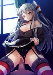 Rule 34 | 10s, 1boy, 1girl, amatsukaze (kancolle), bare shoulders, black panties, blush, brown eyes, censored, choker, clothed sex, clothing aside, cum, cum in pussy, dress, garter straps, girl on top, gloves, hetero, highres, kantai collection, lace, lace-trimmed panties, lace trim, long hair, looking at viewer, mosaic censoring, open mouth, panties, panties aside, penis, personification, sailor dress, school uniform, serafuku, sex, short dress, silver hair, smile, solo focus, striped clothes, striped thighhighs, tears, thighhighs, underwear, vaginal, yuzu modoki