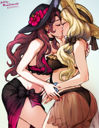 Rule 34 | 2021, 2girls, ass, bare legs, bare shoulders, blonde hair, blush, bow, bra, bracelet, breasts, brown bra, brown hair, brown panties, choker, dated, dorothea arnault, earrings, closed eyes, female focus, fire emblem, fire emblem: three houses, flower, hair bow, hand on another&#039;s back, hand on another&#039;s chin, hat, hat flower, hat ribbon, holding another&#039;s wrist, intelligent systems, jewelry, kiss, long hair, mercedes von martritz, mina cream, multiple girls, nail polish, nintendo, panties, pink bra, ribbon, sarong, see-through, summer, swimsuit, underwear, yuri