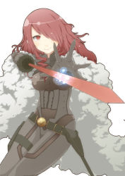 Rule 34 | 1girl, atlus, belt, bodysuit, breasts, coat, elizax9x, fur coat, hair over one eye, holster, kirijou mitsuru, long hair, persona, persona 3, persona 4: the ultimate in mayonaka arena, rapier, red eyes, red hair, skin tight, smile, solo, sword, thigh holster, weapon, white background