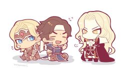 Rule 34 | 3boys, alucard (castlevania), arm behind head, armor, ascot, bandage on face, bandages, bandaid, bandaid on face, black cape, black coat, black footwear, blonde hair, blue coat, blue eyes, brown hair, cape, castlevania (series), chibi, chibi only, coat, headband, kotorai, looking at another, male focus, multiple boys, no nose, open mouth, richter belmont, short hair, simon belmont, simple background, sitting, torn clothes, torn sleeves, white ascot, white background, white headband, yellow eyes