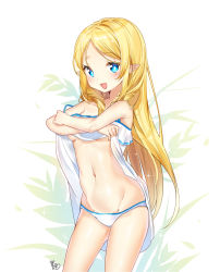 Rule 34 | 1girl, :3, :d, bad id, bad pixiv id, bare arms, bare shoulders, blonde hair, blue eyes, breasts, character request, clothes lift, commentary request, crossed arms, dress, dress lift, elf, highres, lifted by self, long hair, looking at viewer, moong gya, navel, open mouth, panties, pointy ears, signature, sleeveless, sleeveless dress, small breasts, smile, solo, sundress, underboob, underwear, very long hair, white background, white dress, white panties