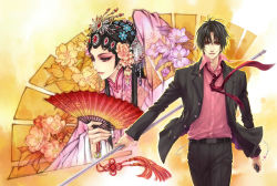 Rule 34 | 1boy, artist name, belt, black hair, black pants, black suit, brown eyes, character request, chinese clothes, copyright request, eyeshadow, flower, folding fan, formal, hair flower, hair ornament, hand fan, highres, holding, holding phone, holding weapon, kagalin, looking at viewer, makeup, necktie, pants, parted bangs, phone, pink shirt, popped collar, red eyes, red neckwear, shirt, suit, watermark, weapon