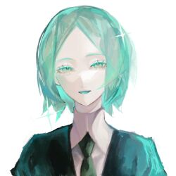 Rule 34 | 1other, androgynous, aqua eyes, aqua hair, black necktie, collared shirt, colored eyelashes, colored skin, crystal hair, gem uniform (houseki no kuni), glowing, glowing hair, highres, houseki no kuni, looking at viewer, necktie, open mouth, other focus, phosphophyllite, poiuyt, shirt, simple background, smile, sparkle, white background, white skin