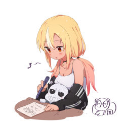 Rule 34 | 1boy, 1girl, :o, bare shoulders, black choker, black jacket, blonde hair, blush stickers, breasts, camisole, choker, cleavage, collarbone, crossover, dark-skinned female, dark skin, eighth note, gradient hair, hair between eyes, highres, holding, holding pen, hololive, jacket, kintsuba (shiranui flare), long hair, long sleeves, low twintails, medium breasts, multicolored hair, musical note, off shoulder, open clothes, open jacket, parted lips, pen, pink hair, red eyes, sans (undertale), sasaki (glass1138), shiranui flare, simple background, sleeves past wrists, streaked hair, tan, twintails, undertale, virtual youtuber, white background, white camisole, white hair
