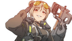 Rule 34 | 1girl, black choker, black gloves, black jacket, blush, bullpup, choker, commission, cup, double bun, eyewear on head, fingerless gloves, gas mask, girls&#039; frontline, gloves, gun, hair bun, holding, holding cup, jacket, light brown hair, looking at viewer, mask, mouth hold, open mouth, p90, p90 (girls&#039; frontline), personal defense weapon, pixiv commission, red eyes, salute, short hair, smile, solo, submachine gun, sunglasses, teeth hold, triangle bullet, upper body, weapon, white background