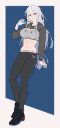 Rule 34 | 1girl, absurdres, alternate costume, arknights, black footwear, black pants, blue background, border, bottle, breasts, cleavage, clothes writing, full body, grey hair, hair between eyes, highres, holding, holding bottle, kimmy tsunami, large breasts, long hair, long sleeves, looking at viewer, low-tied long hair, navel, outside border, pants, parted lips, red eyes, shoes, shrug (clothing), simple background, skadi (arknights), skindentation, sneakers, solo, sports bra, standing, stomach, toned, track pants, v-shaped eyebrows, very long hair, water, white border