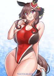 Rule 34 | 1girl, absurdres, animal ears, bare shoulders, braided hair rings, breasts, brown hair, commentary request, competition swimsuit, cowboy shot, ear covers, ear ornament, gentildonna (umamusume), gradient background, grin, highleg, highleg swimsuit, highres, horse ears, horse girl, horse tail, katou shinobu, large breasts, long hair, official alternate costume, one-piece swimsuit, pool ladder, red eyes, smile, solo, swimsuit, tail, umamusume