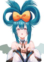 Rule 34 | 1girl, :o, alternate hairstyle, bare shoulders, blue hair, borrowed hairstyle, bow, cinnamiku hairstyle, commentary, detached collar, dizzy (guilty gear), dress, folded twintails, guilty gear, hair bow, long hair, long sleeves, looking up, mini wings, off-shoulder dress, off shoulder, racaiyu, red eyes, sanrio, solo, very long hair, vocaloid, w arms, white dress, white wings, wide sleeves, wings, yellow bow