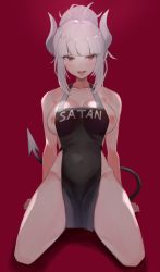 Rule 34 | 1girl, absurdres, apron, blush, breasts, demon girl, demon horns, demon tail, helltaker, highres, horns, kataku musou, large breasts, looking at viewer, lucifer (helltaker), naked apron, red eyes, sitting, solo, tail, tongue, tongue out