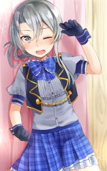 Rule 34 | 10s, 1girl, alternate costume, arm up, black gloves, blue bow, blue bowtie, blue skirt, blush, bow, bowtie, cropped jacket, curtains, embarrassed, frilled bow, frilled skirt, frills, gloves, grey eyes, grey shirt, hair between eyes, idol, idolmaster, idolmaster cinderella girls, kantai collection, looking at viewer, nowaki (kancolle), one eye closed, open mouth, plaid, plaid bow, plaid skirt, puffy short sleeves, puffy sleeves, shirt, short sleeves, silver hair, skirt, sleeveless, solo, yuna (yukiyuna)
