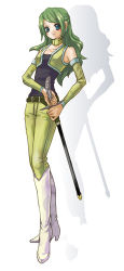 Rule 34 | 1girl, amano yoshitaka design, blue eyes, boots, celes chere, celes chere (cosplay), cosplay, detached sleeves, final fantasy, final fantasy vi, green hair, long hair, lowres, solo, sword, tina branford, vest, weapon