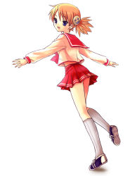 Rule 34 | 00s, 1girl, ahoge, blue eyes, from behind, full body, kneehighs, loafers, looking at viewer, looking back, miniskirt, mizunomoto, orange hair, outstretched arms, red skirt, sailor collar, sasamori karin, school uniform, serafuku, shoes, short twintails, simple background, skirt, smile, socks, solo, standing, thighhighs, to heart (series), to heart 2, twintails, white background, white socks, zettai ryouiki
