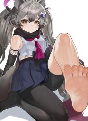 Rule 34 | 1girl, animal ears, black ribbon, black scarf, black skirt, blue archive, blush, closed mouth, dokomon, feet, foot focus, grey hair, hair between eyes, hair ribbon, highres, long hair, michiru (blue archive), neckerchief, pleated skirt, red neckerchief, ribbon, scarf, simple background, skirt, smile, soles, solo, toes, twintails, white background, yellow eyes