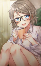 Rule 34 | 1girl, :d, bad id, bad pixiv id, bare legs, bespectacled, black-framed eyewear, blue eyes, breasts, brown hair, cleavage, coffee, coffee mug, collared shirt, cup, curtains, dress shirt, feet out of frame, glasses, grey shirt, highres, holding, holding cup, indoors, knees together feet apart, knees up, long sleeves, looking at viewer, love live!, love live! sunshine!!, medium breasts, medium hair, mkzk nagi, mug, no pants, open mouth, shirt, sitting, smile, solo, sparkle, swept bangs, watanabe you, wing collar