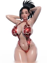 Rule 34 | 1girl, 3d, absurdres, armpits, arms up, black eyes, black hair, black tape project, boku no hero academia, breasts, cleavage, curvy, highres, huge breasts, lips, long hair, looking at viewer, navel, ponytail, popogori, solo, stomach, thick thighs, thighs, white background, wide hips, yaoyorozu momo