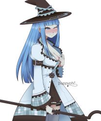 Rule 34 | 1girl, absurdres, artist name, blue eyes, blue hair, blush, breasts, cleavage, commission, cowboy shot, flashing, hat, highres, hime cut, long hair, looking at viewer, mages., mole, mole under eye, neptune (series), no shirt, one eye closed, puffy sleeves, puppychi, seductive smile, simple background, skirt, smile, solo, staff, thighhighs, white background, witch hat, zettai ryouiki