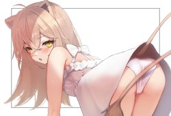 Rule 34 | 1girl, ahoge, all fours, animal ears, ass, bare shoulders, bow, buket pudding i, crossed bangs, dress, from behind, hair between eyes, hair intakes, highres, indie virtual youtuber, lion ears, lion girl, lion tail, long hair, looking at viewer, open mouth, panties, rurudo lion, rurudo lion (1st costume), short dress, solo, sundress, tail, tail lift, underwear, virtual youtuber, white bow, white dress, white panties, yellow eyes
