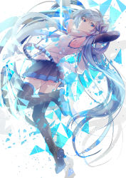 Rule 34 | 1girl, arm behind head, arm up, armpits, bad id, bad pixiv id, black footwear, black skirt, blue eyes, blue hair, boots, detached sleeves, floating hair, hatsune miku, hoshima, long hair, looking at viewer, miniskirt, pleated skirt, shirt, simple background, skirt, sleeveless, sleeveless shirt, smile, solo, thigh boots, thighhighs, twintails, very long hair, vocaloid, white background, white shirt, zettai ryouiki