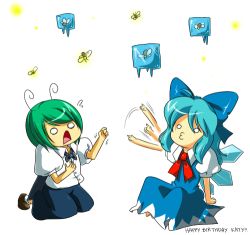 Rule 34 | 2girls, antennae, artrica, bad id, bad pixiv id, barefoot, blue hair, bow, bug, cape, cirno, d:, english text, fireflies, firefly, frozen, green hair, hair bow, ice, insect, lowres, multiple girls, o3o, o o, open mouth, touhou, wings, wriggle nightbug