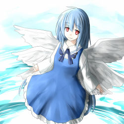 Rule 34 | 1girl, ao-shiba, blue hair, feathered wings, multiple wings, red eyes, sariel (touhou), sash, seraph, solo, touhou, touhou (pc-98), wide sleeves, wings