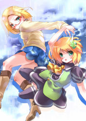Rule 34 | 2girls, animal ears, blonde hair, blush, boots, bow, bowtie, c sharp, claudia madobe, earrings, glasses, green eyes, hair ornament, hairclip, jewelry, long sleeves, looking at viewer, multiple girls, open mouth, original, os-tan, outstretched arm, personification, pointing, red-framed eyewear, renka (renkas), short hair, short sleeves, skirt, striped legwear, sweater, thighhighs, thighs, ufcpp, vest, zettai ryouiki