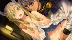 Rule 34 | 1boy, 1girl, age difference, aqua-framed eyewear, bed sheet, blonde hair, blush, breasts, censored, closed eyes, clothes lift, collarbone, dutch angle, fingering, game cg, glasses, green eyes, hair between eyes, hand on another&#039;s shoulder, hetero, indoors, lifted by self, long hair, long sleeves, mosaic censoring, nipples, open mouth, orion (orionproject), panties, pussy juice, rance (series), rance ix, rectangular eyewear, sheila helman, short hair, silver hair, skirt, skirt lift, small breasts, topless, underwear, very long hair, white panties, white skirt