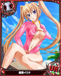Rule 34 | 1girl, bare shoulders, blush, breast hold, breasts, card (medium), character name, chess piece, cleavage, high school dxd, large breasts, long hair, looking at viewer, navel, official art, orange hair, purple eyes, rook (chess), shidou irina, solo, sportswear, trading card, twintails, very long hair
