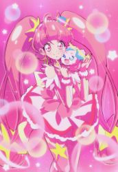 Rule 34 | 1girl, ;d, ahoge, blush, closed mouth, cure nico, cure star, fuwa (precure), highres, hoshina hikaru, long hair, looking at viewer, magical girl, one eye closed, open mouth, pink background, pink eyes, pink hair, pink skirt, pink theme, pink thighhighs, precure, skirt, smile, standing, star (symbol), star twinkle precure, thighhighs, twintails, very long hair