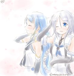 Rule 34 | 10s, 2girls, bare shoulders, black gloves, black neckerchief, blue eyes, blue hair, blue neckerchief, braid, closed eyes, elbow gloves, gloves, hand on head, kantai collection, long hair, mae (maesanpicture), multiple girls, neckerchief, numbered, one eye closed, open mouth, samidare (kancolle), school uniform, serafuku, shirt, silver hair, simple background, single braid, sleeveless, sleeveless shirt, smile, swept bangs, twitter username, umikaze (kancolle), very long hair