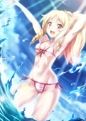 Rule 34 | 10s, 1girl, :d, absurdres, armpits, arms up, bikini, blonde hair, blush, breasts, calzooone, drill hair, eromanga sensei, highres, looking at viewer, medium breasts, navel, ocean, open mouth, partially submerged, pointy ears, ponytail, red eyes, short hair, side-tie bikini bottom, smile, solo, standing, striped bikini, striped clothes, sunlight, swimsuit, twin drills, wading, yamada elf