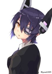 Rule 34 | 10s, 1girl, bad id, bad pixiv id, eyepatch, gomashi (goma), headgear, kantai collection, looking at viewer, looking back, open mouth, purple hair, school uniform, short hair, simple background, solo, tenryuu (kancolle), white background, yellow eyes