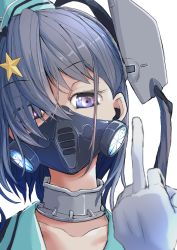 Rule 34 | 1girl, aqua hat, bad id, bad pixiv id, boushi-ya, collarbone, garrison cap, gloves, grey eyes, grey hair, hair between eyes, hair ornament, hair over one eye, hat, headgear, kantai collection, long hair, middle finger, portrait, scamp (kancolle), side ponytail, simple background, solo, star (symbol), star hair ornament, white background, white gloves