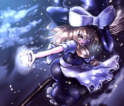 Rule 34 | &gt;:d, 1girl, :d, blonde hair, bow, broom, broom riding, hair bow, hat, hat bow, kirisame marisa, mini-hakkero, miniskirt, moura (kenyuugetu), night, night sky, open mouth, skirt, sky, smile, snowing, solo, touhou, v-shaped eyebrows, witch hat, yellow eyes