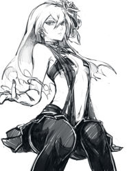 Rule 34 | 1girl, alternate costume, arc system works, bad id, bad pixiv id, bare shoulders, blazblue, flat chest, flower, greyscale, hair flower, hair ornament, long hair, looking at viewer, miniskirt, monochrome, mu-12, navel, necktie, sketch, skirt, solo, soojie roh, thighhighs