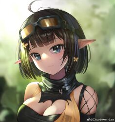 Rule 34 | 1girl, absurdres, ahoge, arknights, bare shoulders, black hair, black tube top, blue eyes, blurry, blurry background, bob cut, breasts, chunhwei lee, cleavage, dress, eunectes (arknights), flower, goggles, goggles on head, green background, hair flower, hair ornament, highres, large breasts, looking at viewer, pointy ears, portrait, short hair, sidelighting, smile, solo, strapless, tube top, weibo logo, weibo watermark, yellow dress, yellow flower